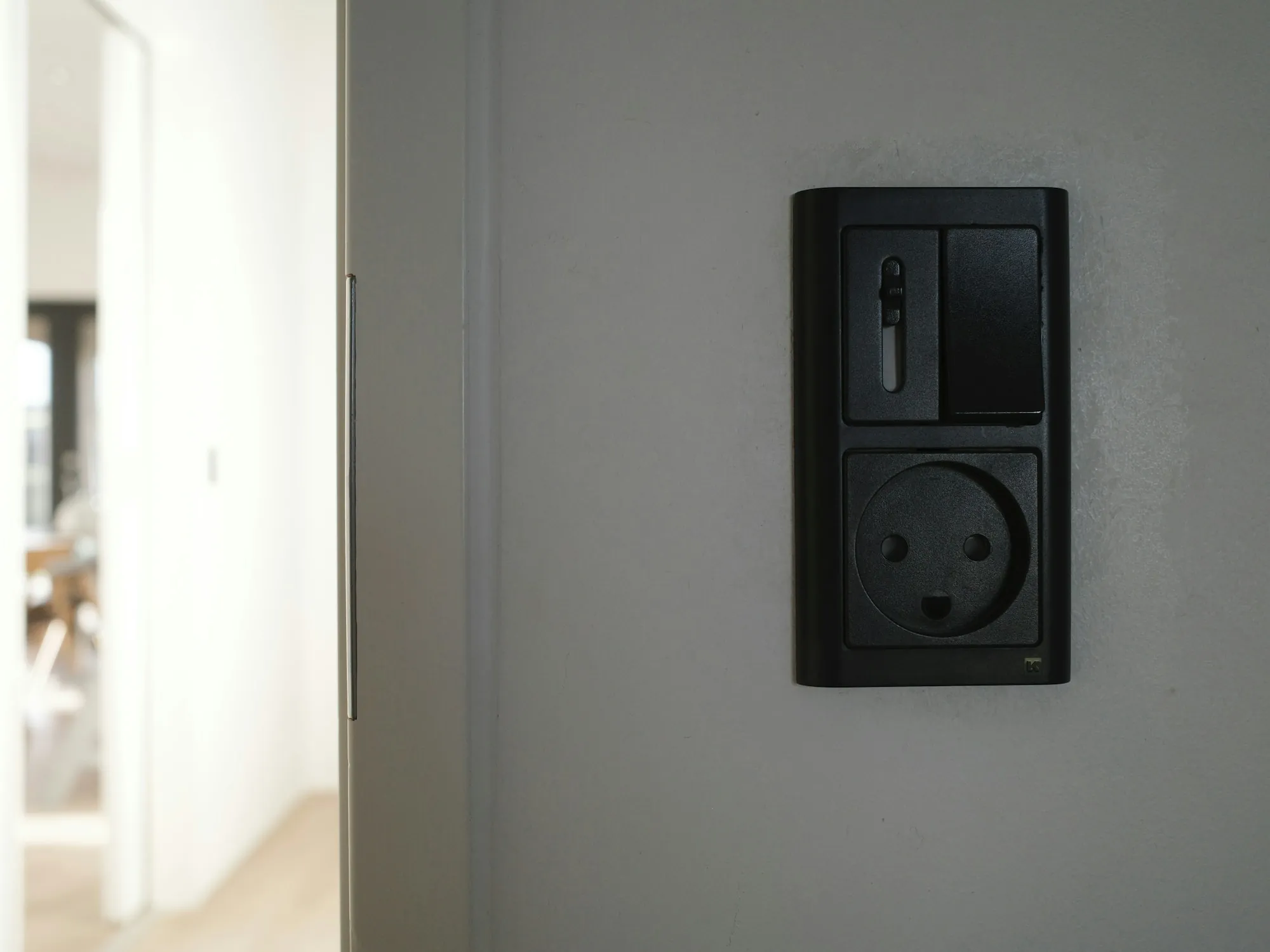 Dark switch plate on a pale gray interior wall