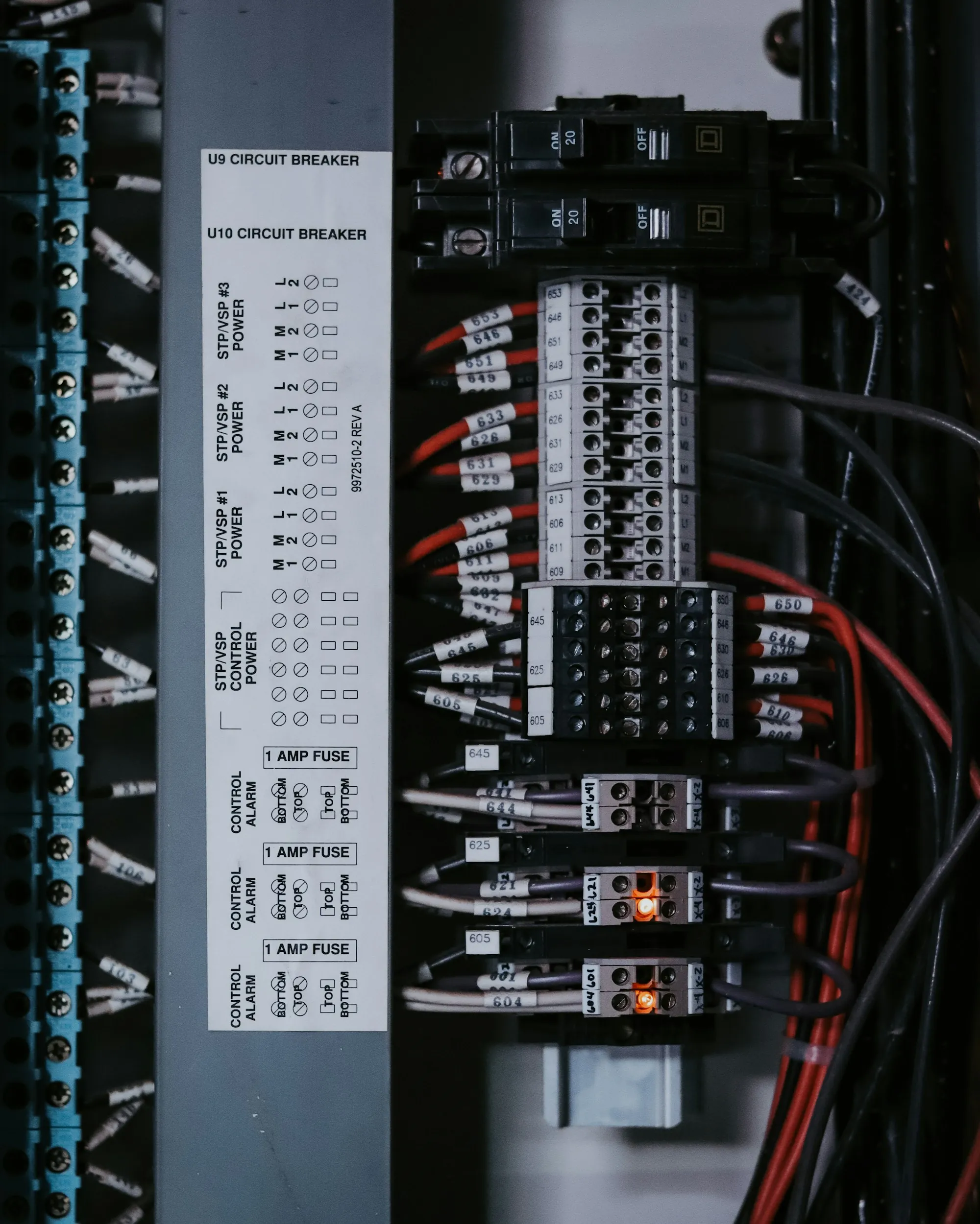 Close view of breakers and wiring inside a service panel