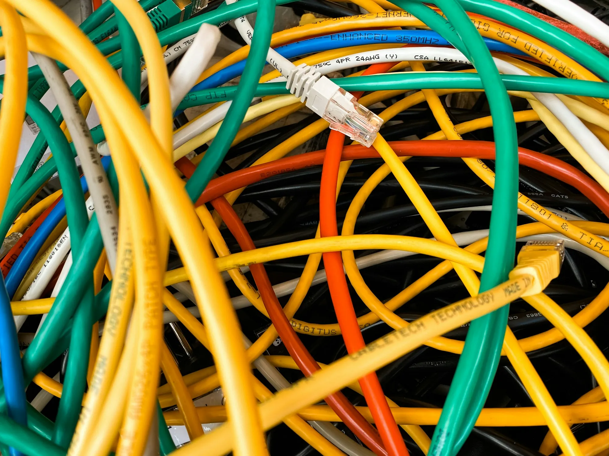 Coils of colored electrical cable in a bundle