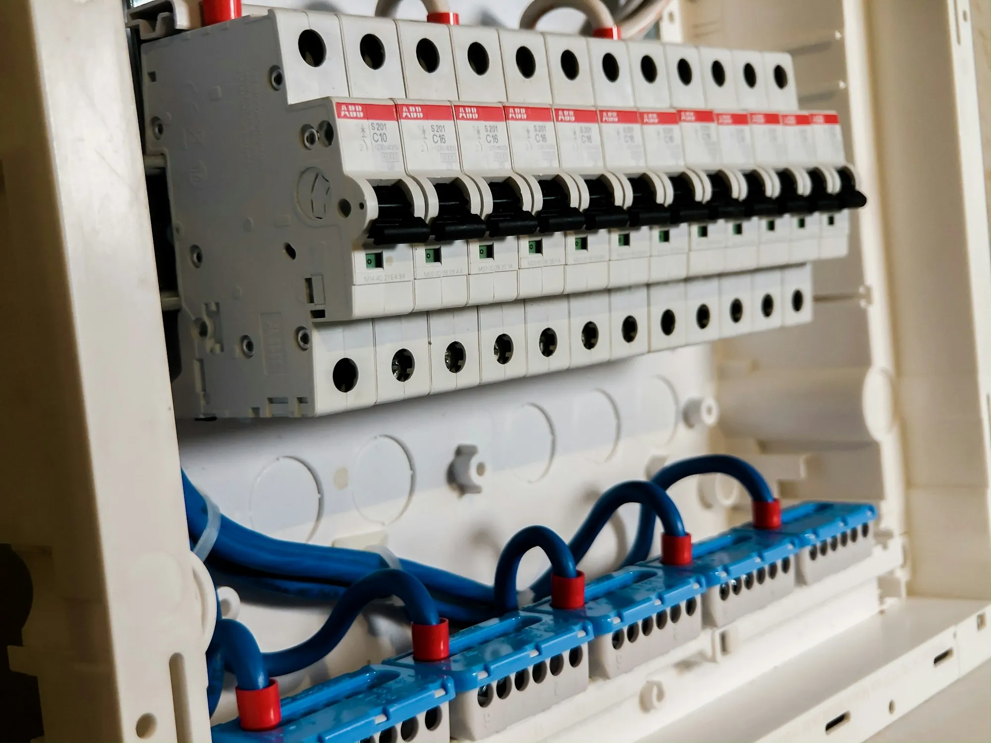 Rows of breakers in a newly fitted electrical panel